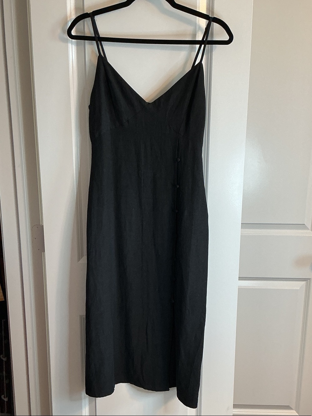 Le Lis Black Linen Midi Dress with V-Neck and Spaghetti Straps